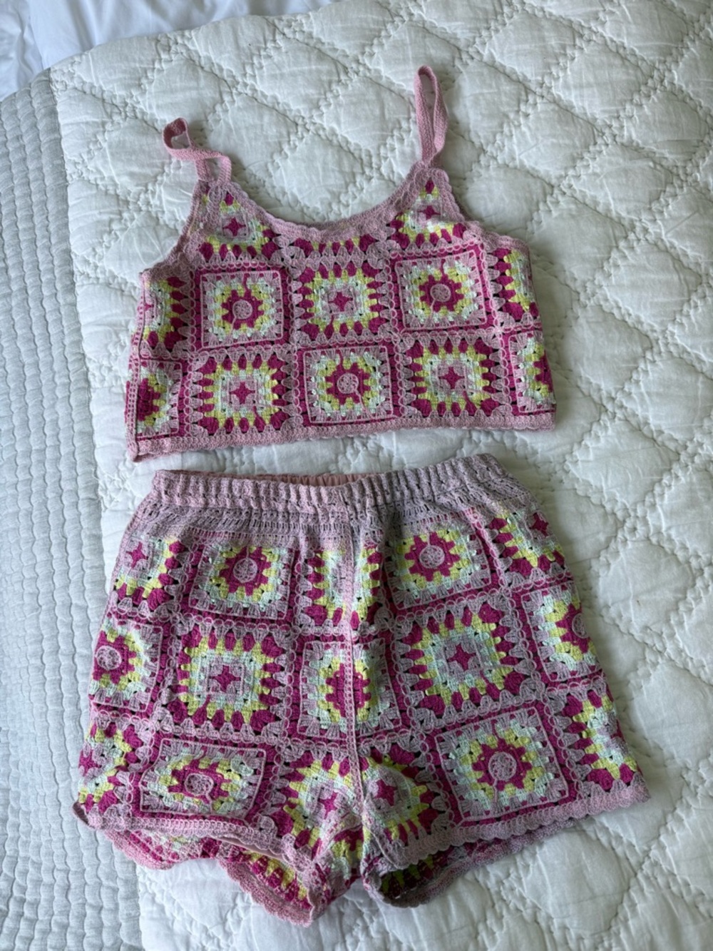Pink Crochet Trim Two-Piece Set with Elastic Waist